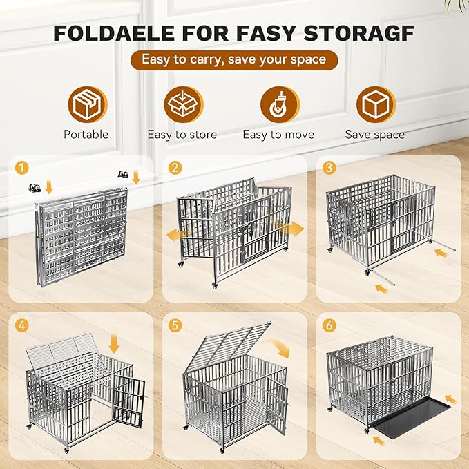 48" Heavy Duty Dog Crate, Escape Proof XL Stainless Steel Dog Kennel with Top Opening, 4 Lockable Wheels, Easy Clean Metal Dog Cage for Large/High Anxiety Dogs