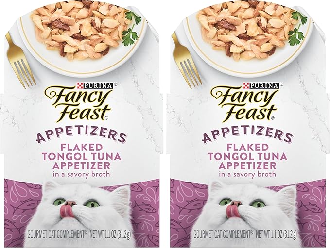 Fancy Feast Purina Appetizers Grain Free Cat Food Flaked Tongol Tuna Appetizer Lickable Cat Food Topper - 1.1 oz. Trays,(Pack of 20)