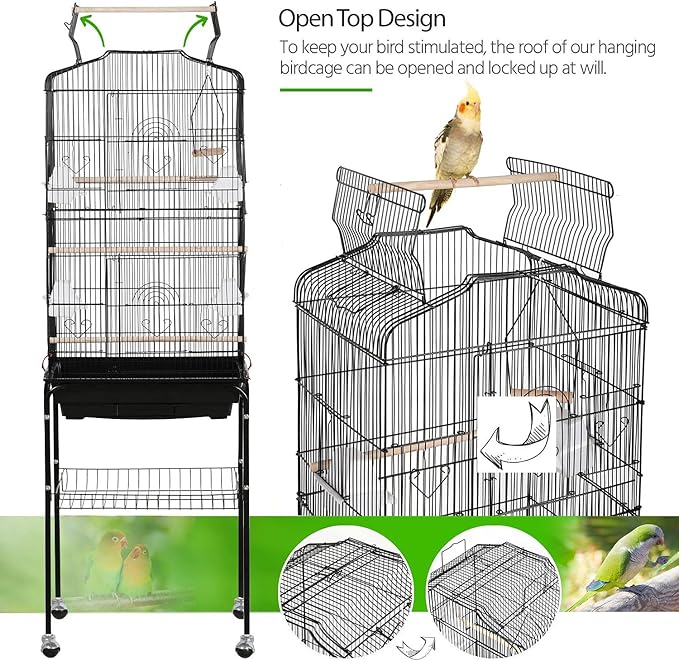 Yaheetech 64'' Bird Cage, Open Top Parakeet Cage w/Slide-Out Tray, Feeders, Detachable Rolling Stand, Bird Cages for Parrot, Cockatiel, Budgie, Parakeets, Lovebird, Small Medium Birds