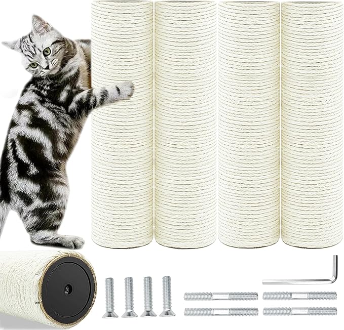 Cat Tree Replacement Post, 4 Pack 9.84in Cat Scratching Post Replacement Poles with M8 Screws, Natural Sisal Cat Tower Parts, Connectable to 19.7in/39.4in for Cat Tree Repair & Extension