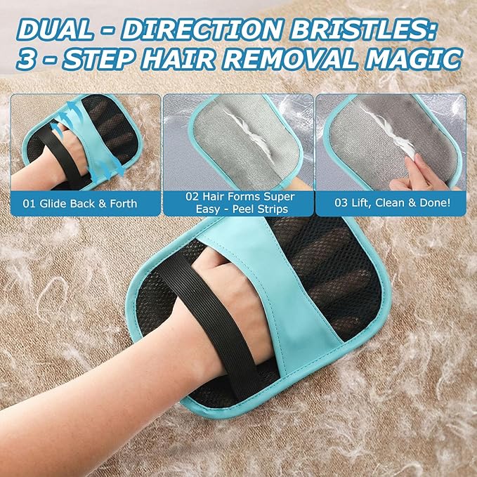 2Pcs Magic Brush Pet Hair Remover, Five-Finger Electrostatic Cat & Dog Hair Removal Gloves for Furniture, Couch, Carpet, Bedding, Reusable Cleaning and Grooming Mitts