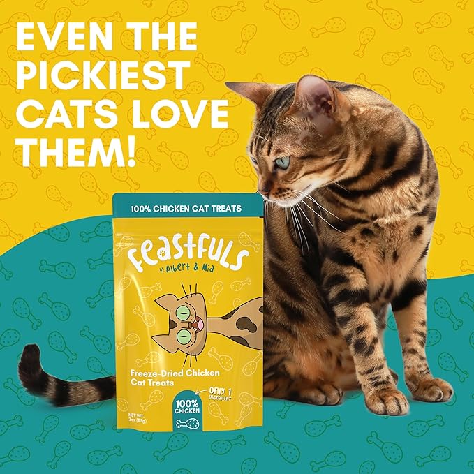 ALBERT & MIA Feastfuls Freeze Dried Cat Treats - 100% Freeze Dried Chicken Breast, Soft, Healthy Cat Treats, High in Protein, Extra Tasty, Great for Training Cats, as Snack and Kitty Food Topper (1oz)