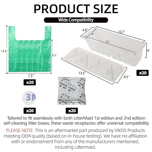 20-Pack Disposable Litter Box Waste Receptacles Compatible with Littermaid Waste Receptacles Fits 1St/2nd Edition Automatic Cat Litter Box, Come with 20pcs Liners & 20pcs Carbon Filters