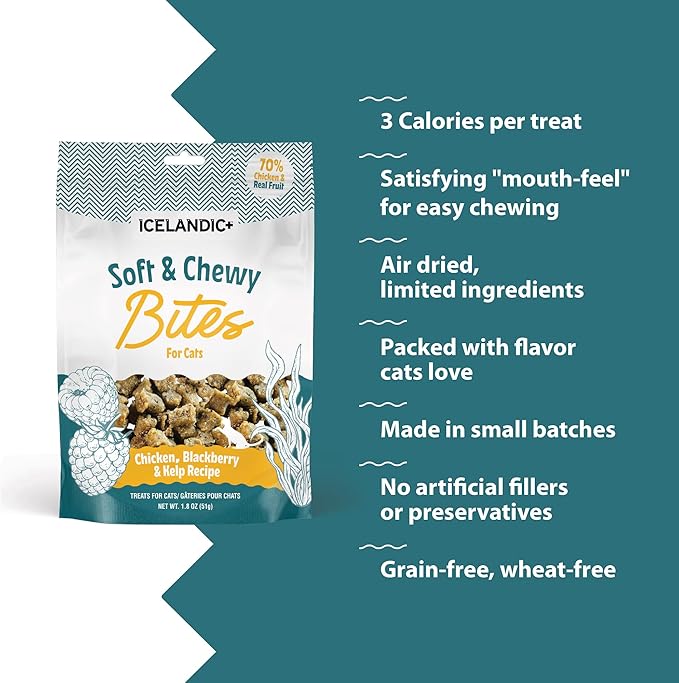 Icelandic+ Soft & Chewy Bites - Chicken, BlackBerry & Kelp - 1.8oz Cat Treats, 70% Meat & Fruit, Air-Dried, Limited Ingredients, Pet Snack, Grain Free