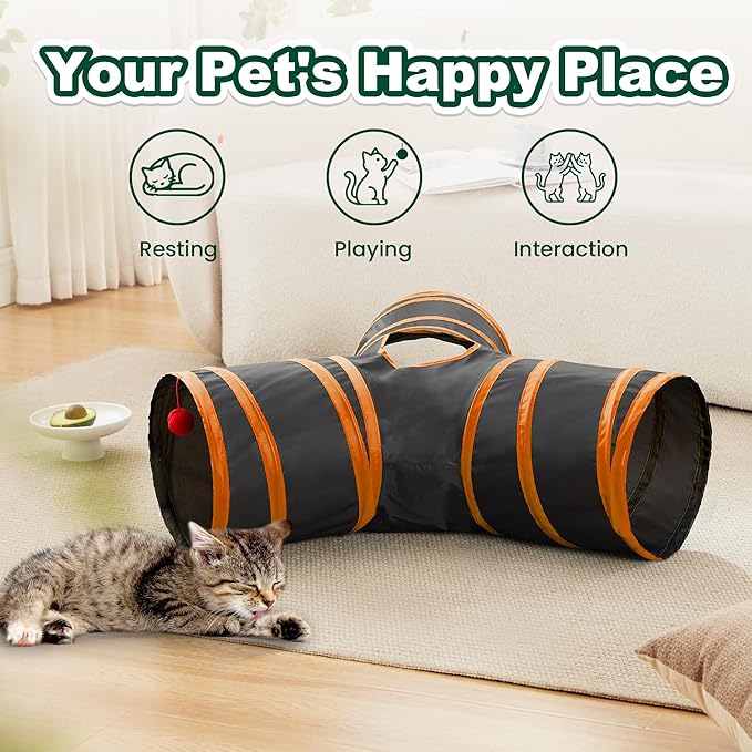Love’s Cabin Cat Tunnel for Indoor Cats, 3-Way Collapsible Play Tunnel with Teaser Wand, Peek Holes & Toy Ball, Small Pet Toy for Kittens & Rabbits, Black & Orange, Small Size
