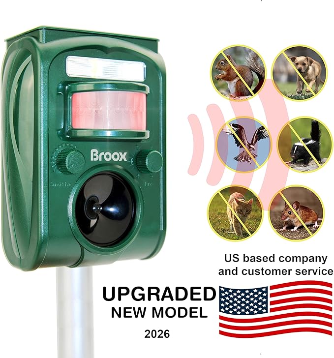 Broox 2026 Upgraded Solar Animal Repellent, Cat Repellent Outdoor, Squirrel Repellent, Deer Repellent, Ultrasonic pest Repeller, Waterproof IP 65, Motion Detection, Dog, Raccoon, Skunk, Rabbit, Rodent