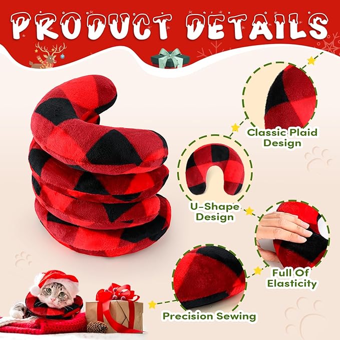 Sweetude 4 Pcs Pillows for Cats Puppy Bed Fluffy Pet Calming Soft Gifts Half Donut U Shaped Pet Neck Pillow Training Joint Relief Cervical Protection(Christmas Red Plaid,Medium)