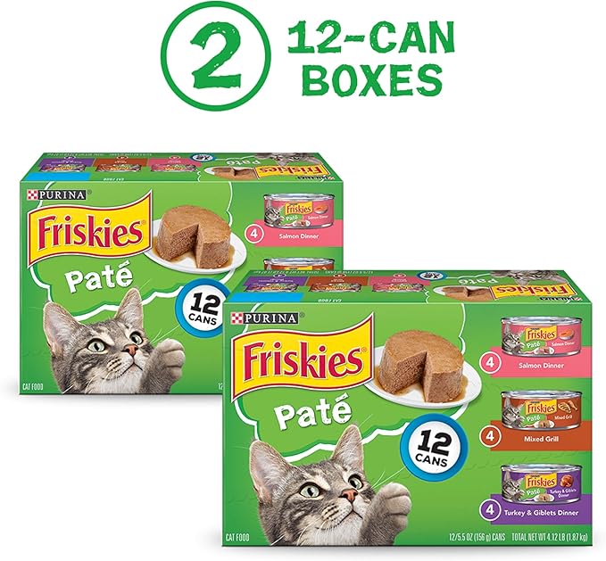Purina Friskies Wet Cat Food Pate Variety Pack Salmon Dinner, Turkey and Giblets Dinner and Mixed Grill - (2 Packs of 12) 5.5 oz. Cans