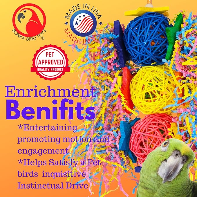 Bonka Bird Toys 1854 Tri Foraging Star 13" x 8" Natural Vine Ball Chew and Shred Toy for Medium to Large Birds Like Conures African Greys Amazons and Similar