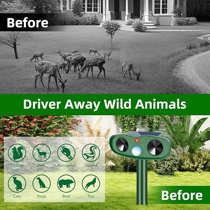 2025 Ultrasonic Animal Repellent Outdoor Deer Repellent Devices, 2Pack Solar Animal Repeller Motion Detection, Cat Repeller Outdoor to Scare Squirrel Dog Repellent Deterrent for Yard