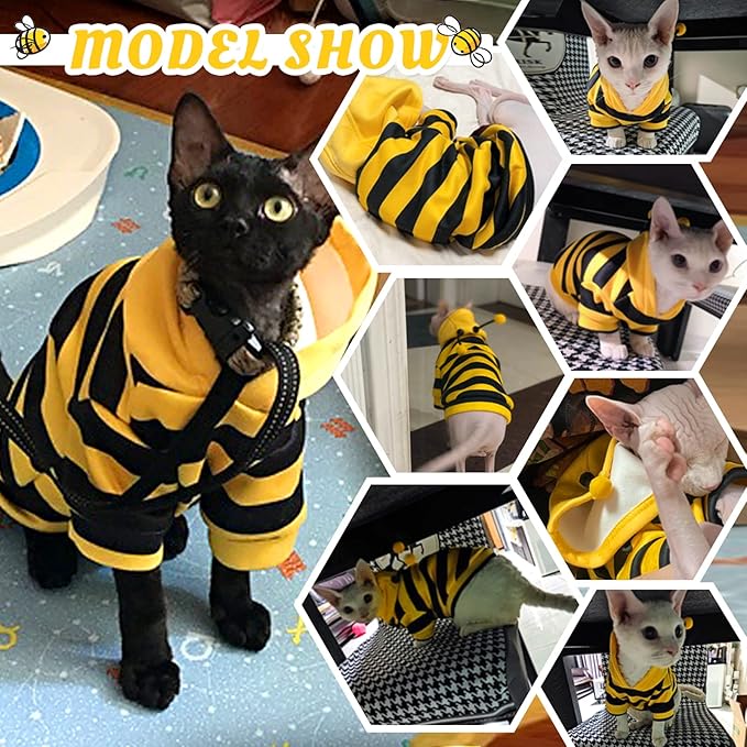 QBLEEV Sphynx Cat Clothes Honeybee, Cat Costumes for Cats Only, Hairless Cat Sweaters Warm Kitten Pullover Shirt, Cat's Pajamas Jumpsuit Apparel, Cat Outfits for Male Female Cats