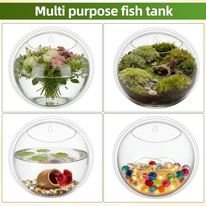 iplusmile Wall Mounted Fish Bowl - 9 Inch Round Acrylic Betta Fish Tank, Hanging Bubble Vase for Plant Propagation & Home Office Wall Decorations