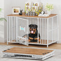 Easycom 43" Dog Crate Furniture Foldable, No Assembly Decorative Dog Kennel Indoor, XL Dog Crates for Large Dogs (60-80 lbs), Wooden Dog Cage with Adjustable Bowls and Name Tag, White & Beech