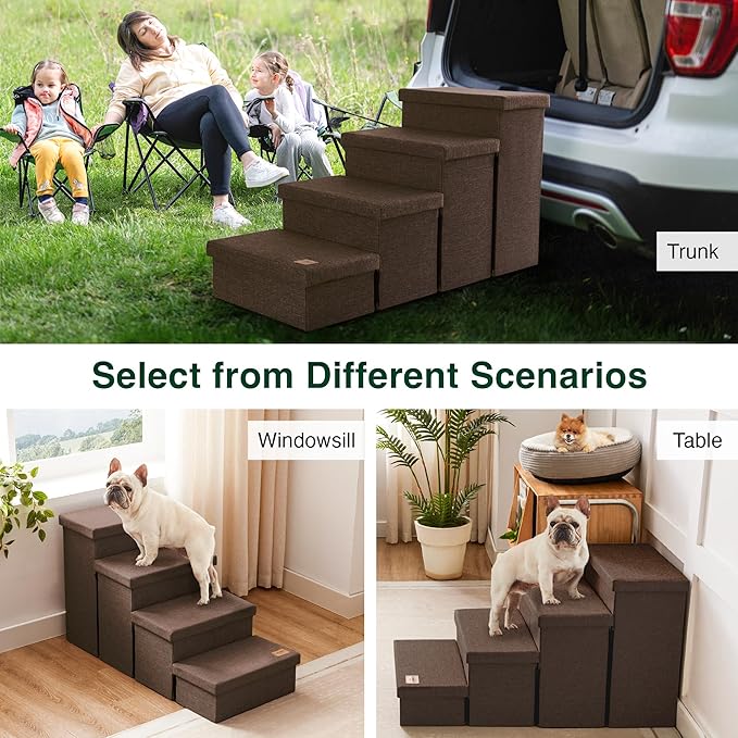 Love's cabin Dog Stairs for Small Medium or Large Dogs with Storage and Adjustable Steps, Foldable Dog Steps for Bed or Couch, 4-Step Coffee Folding Cat Pet Ramp with Zip up to 200 lbs, Coffee