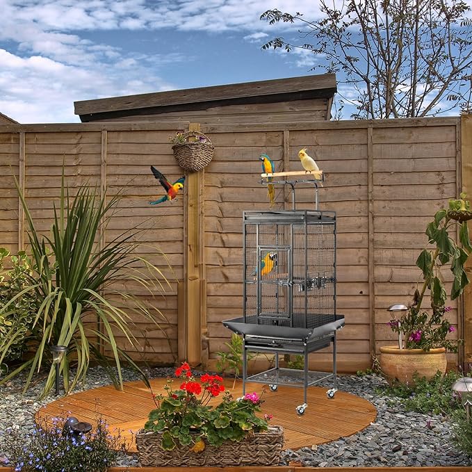 VINGLI Bird Cage with Wheels, 62 inch Bird Cages with Play Top, Wrought Iron Cage with Rolling Stand for Parrots, Cockatiels, Budgies, Lovebirds, Small/Medium Birds