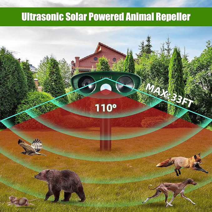 Solar Ultrasonic Animal Repeller Outdoor Deer Repellent Devices Waterproof with Motion Sensor,Effective Against Squirrel,Deer,Dog,Raccoon,Skunk,Rabbit,Coyote Deterrent for Yard Garden Protection,4 Pcs