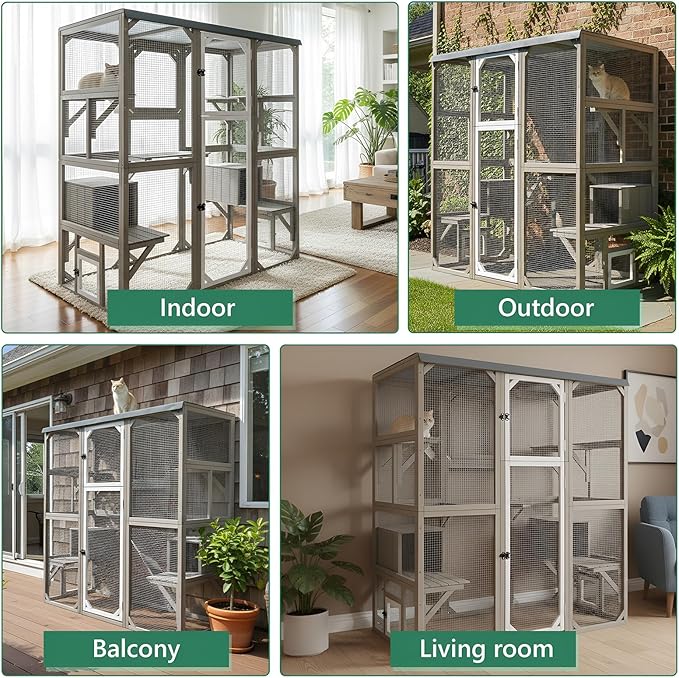Large Outdoor Cat Catio Enclosures, Wooden Catio Window Cat Patio for Cats Feral with 5 Platforms, 2 Resting Rooms, Waterproof Cover
