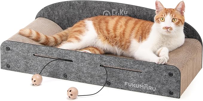 FUKUMARU 26 Inch Cat Scratcher Bed, 2 Reversible Cardboard Cat Scratch Pads Refill for Indoor Cats, Durable Large Cats Scratching Bed Sofa Couch Lounger with Fun Toys, Furniture Protector, Grey