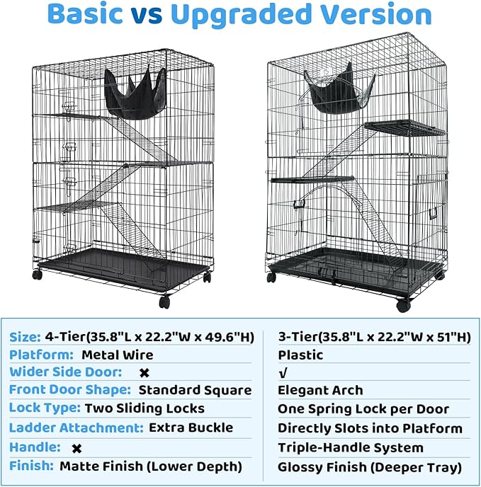 Homey Pet 51 Inch Cat Cages Indoor, 3-Tier Cat Crates for Indoor Cats, Collapsible Metal Wire Large Cat Kennel Big Multi-Level Kitten Crate with Wide Side Door, Plastic Platform, Ramp, 360° Wheel
