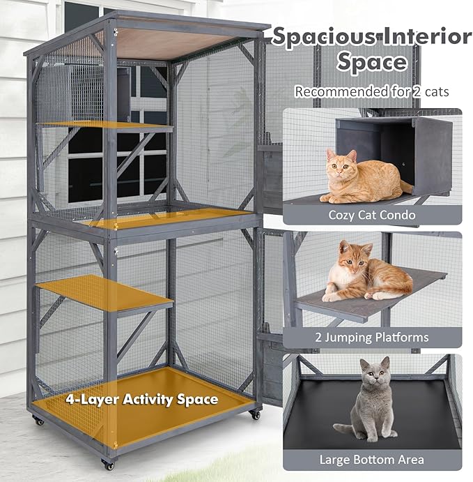 Tangkula Catio Outdoor Cat Enclosure, 72 Inch Wooden Cat House on Wheels with Resting Box, 2 Platforms & Weatherproof Asphalt Roof, Large Kitty Cat Condo Cage Playpen with Enter Doors & PP Layer