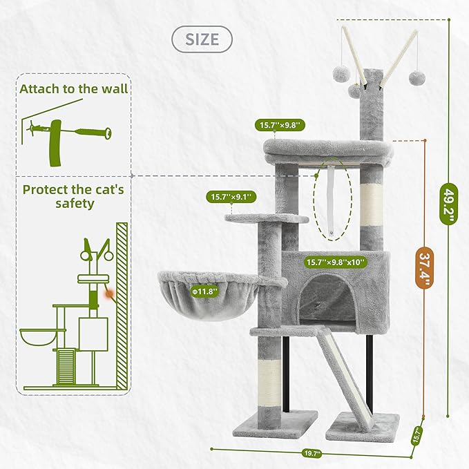 Cat Tree for Indoor Cats, Cat Tower with Scratching Post for Small Cats and Kittens, Cat House with Removable Top Platform and Fluffy Balls, Hanging Cat Basket, Light Gray GCT006SW