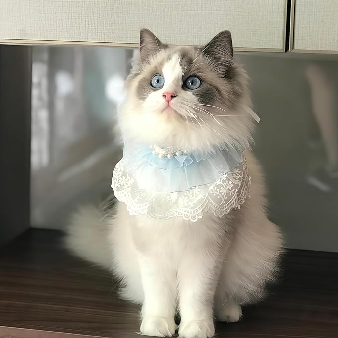 Cat Lace Bandana, Cat Tutu Collar with Pearl Princess Costume for Small Dog Bunny Wedding Birthday Party Holiday Decoration, Blue S 7.5"-10"