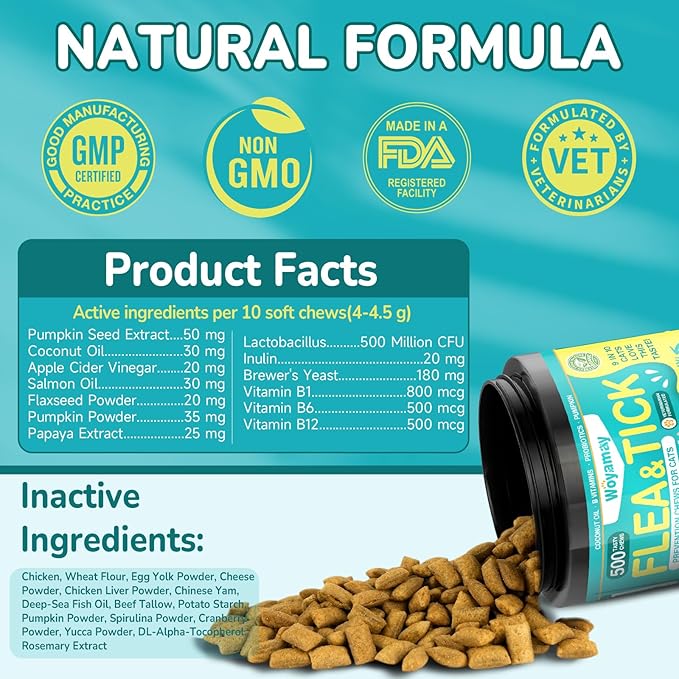 Cat & Dog Flea and Tick Prevention Bundle, 500 Crunchy Dual-Texture Chews Each, Natural 4-in-1 Flea Defense with Skin, Coat, Gut & Immune Support, Oral Daily Flea Treatment for Cats & Dogs