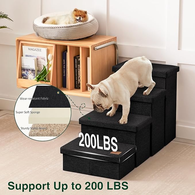Love's cabin Dog Stairs for Small Medium or Large Dogs with Storage and Adjustable Steps, Foldable Cat Steps for Bed or Couch, 4-Step Black Folding Ramp with Zip up to 200 lbs, Black