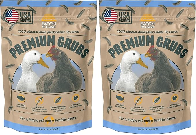 Eaton Pet and Pasture Premium Grubs, USA Grown Dried Black Soldier Fly Larvae, High Calcium Treat for Chickens, Ducks, Wild Birds (1 LB) (Pack of 2)