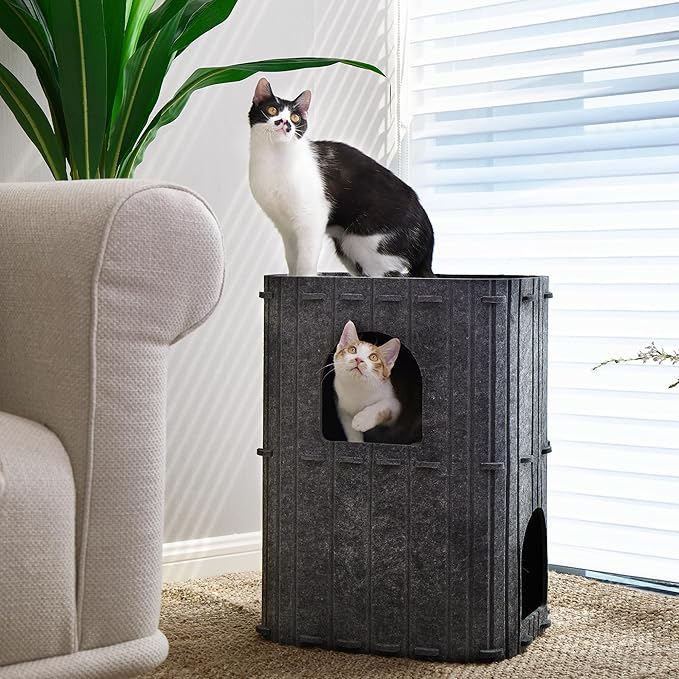 FUKUMARU Cat House for Indoor Cats, 23.62 Inch Large Cat Bed Cave Condo, 2-Storey Cozy Felt Covered Cats Tunnel Kitten Hideaway for Multicats, Scratch Resistant, Dark Grey