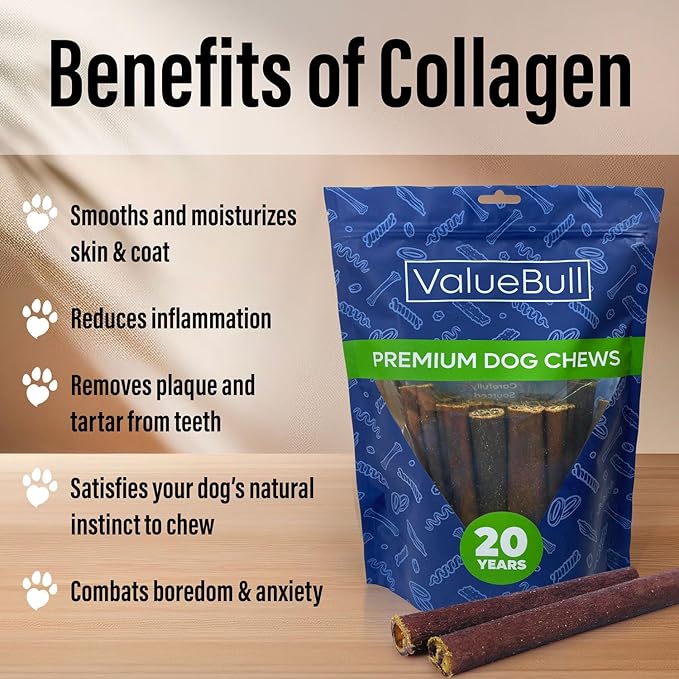 ValueBull Collagen Sticks for Dogs, 6 Inch Thick Chews, Natural Long-Lasting Dog Treats, 25 Count - Supports Joints, Skin & Coat with Chondroitin & Glucosamine