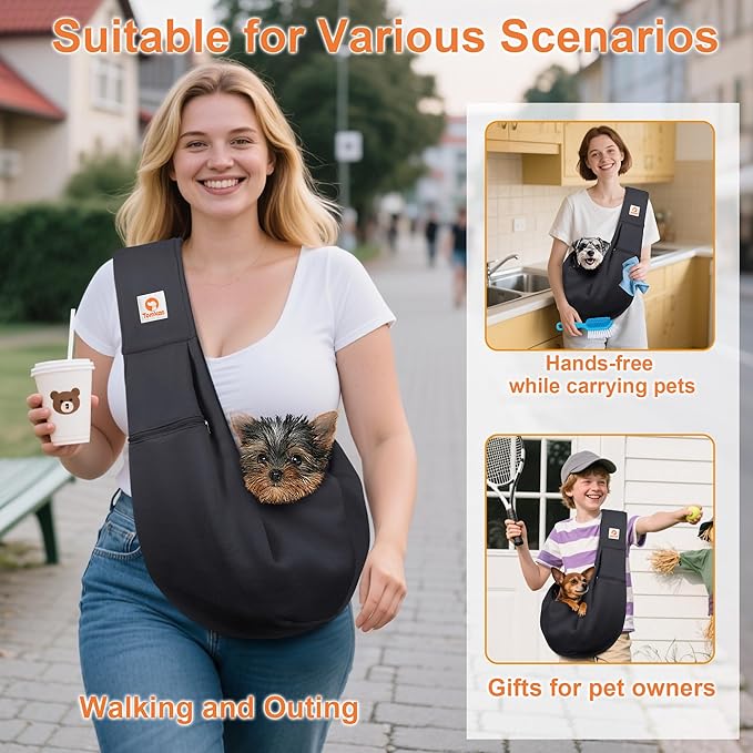 Tomkas Small Dog Sling Carrier - Zipper Pocket & Classic Strap - for 3-10 lbs Pets(Black)