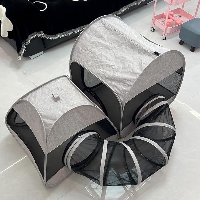 Portable Cat Playpen 2-Room with Tunnel, 3-in-1 Pop-up Cat Dog Crate Play Enclosure with Separate Areas, Foldable Pet Playpen for Puppy Kitten and Small Animals Indoor Outdoor