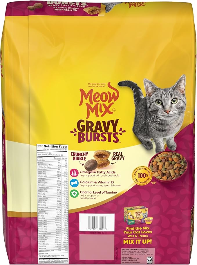 Meow Mix Gravy Bursts Savory Chicken Flavor Mix with Gravy Filled Pieces, Dry Cat Food, 13.5 Pound Bag