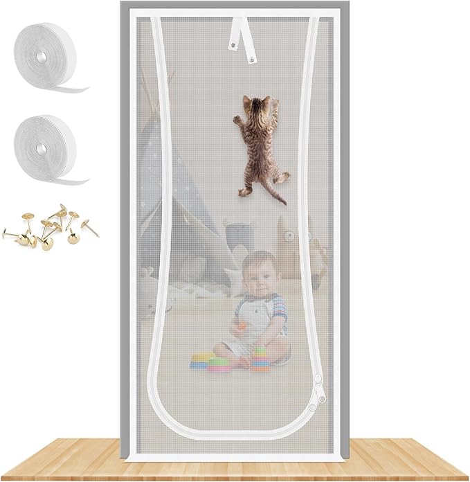 New Reinforced Cat Screen Door, Fits Door Size 34''x 80'' Heavy Duty Pets Proof Screen Door with Bilateral Zipper, Prevent Dogs Cats Running Out from Home, Bedroom,Living Room, Kitchen Patio Door