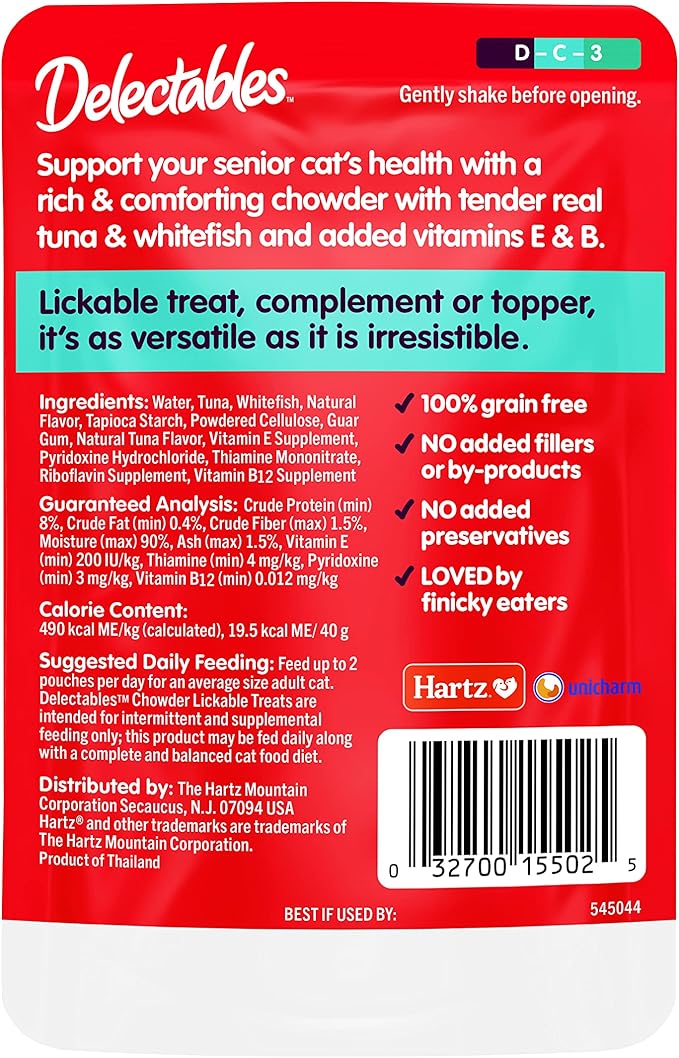 Hartz Delectables Chowder Lickable Wet Cat Treats for Senior Cats,Tuna & Whitefish,1.4 Ounce(Packaging May Vary),(Pack of 24)