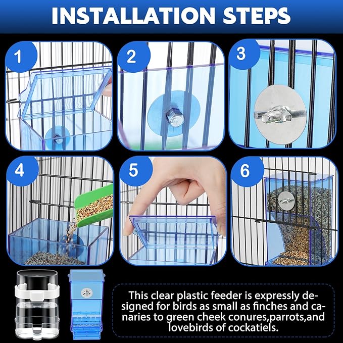 Yaomiao 4 Pcs No Mess Small Bird Feeders Automatic Parakeet Water Dispenser Clear Quail Feeder and Watered Cage Accessories for Small and Medium Parakeet Cockatiel Canary(Assorted,Blue)