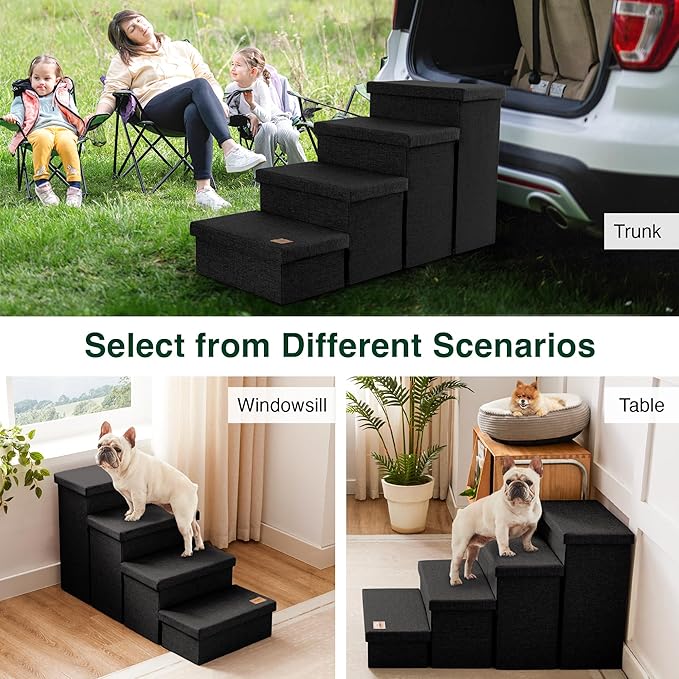 Love's cabin Dog Stairs for Small Medium or Large Dogs with Storage and Adjustable Steps, Foldable Cat Steps for Bed or Couch, 4-Step Black Folding Ramp with Zip up to 200 lbs, Black