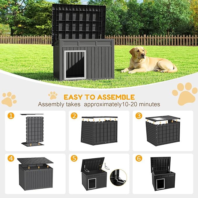 Fancyango Large Dog House for Indoor & Outdoor - Weatherproof & Removable Roof, Fits Small to Large Dogs (42.8" L x 33" W x 31.5" H) - Black