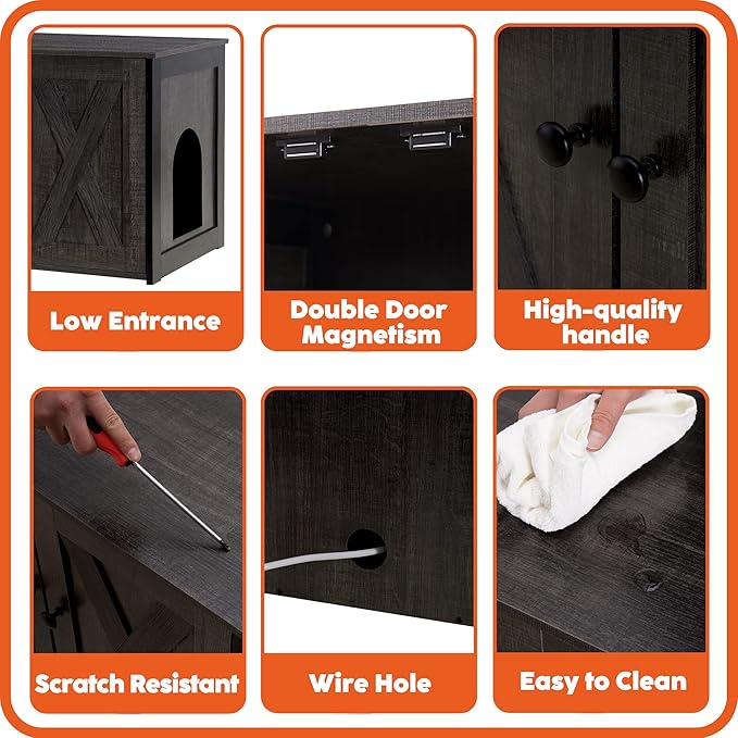 Dwanton Litter Box Enclosure, Cat Litter Box Furniture Hidden, Reversible Entrance Can Be on Left or Right Side, Wooden Cat Washroom Indoor, Dark Gray, 27.6 Inches