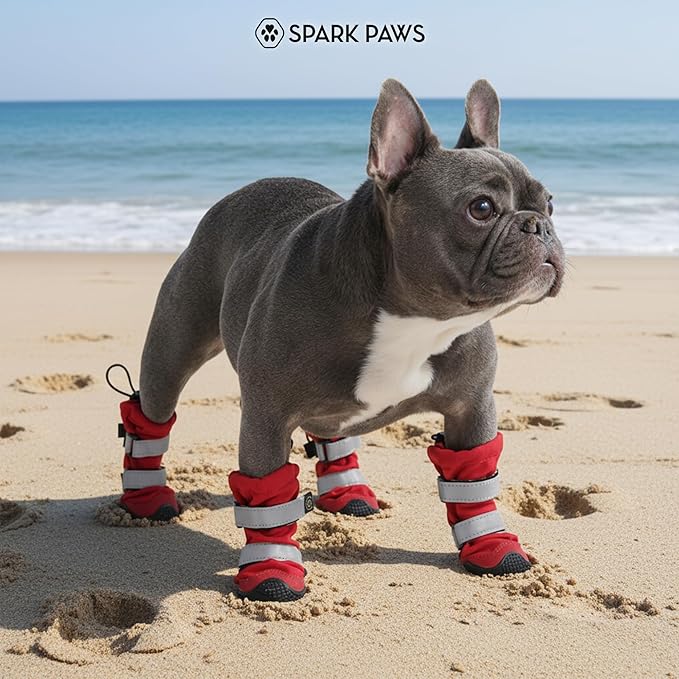 Spark Paws Dog Shoes, Waterproof Dog Boots for Medium to Large Dogs, Non Slip, Breathable Dog Booties and Paw Protectors - 4PCS Doggie Hiking Boots with Reflective Straps - Red, Size 2