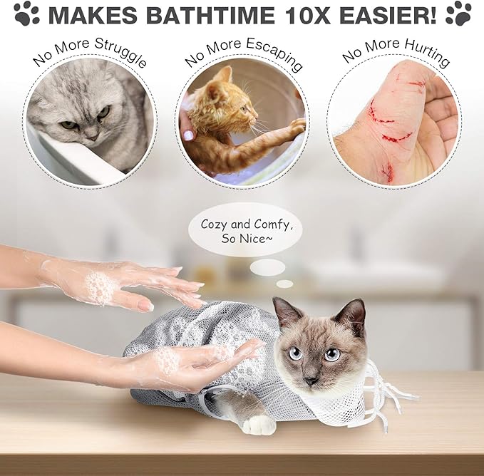 Cat Shower Net Bag Grooming Bathing Adjustable Washing Bag Multifunctional Cat Restraint Accessories Prevent Biting Scratching, Nail Trimming, Ears Clean, Keeping Calm(Grey)