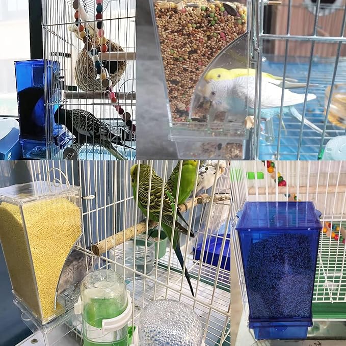 Automatic Bird Feeder for Cage No Mess Parakeet Feeder Seed Food Container Feeding Station Cage Accessories for Small Birds Parrot Canary Lovebirds(Transparent)