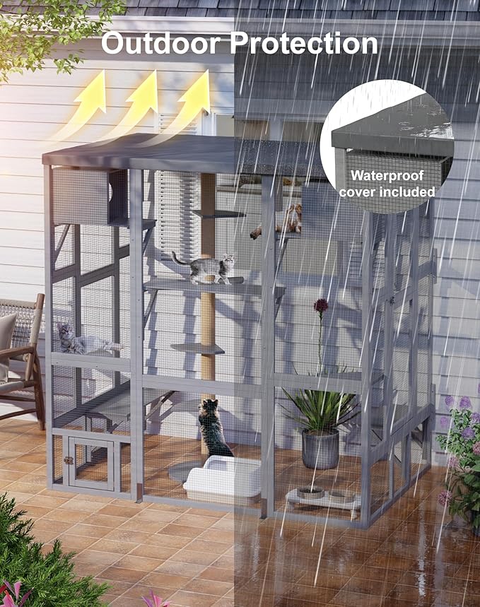 Catio Outdoor Cat Enclosure Window, Large Walk-in Window Catio with Cat House, Multi-Level Platform, Scratching Post and Waterproof Cover, Outdoor Kitty Cage for Multiple Cats, Grey