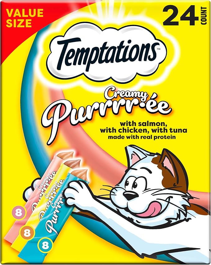 Temptations Creamy Puree Squeezable Lickable Cat Treats, Wet Cat Treats with Chicken, Salmon, and Tuna Variety Pack, 0.42 oz. Tubes, 24 Count