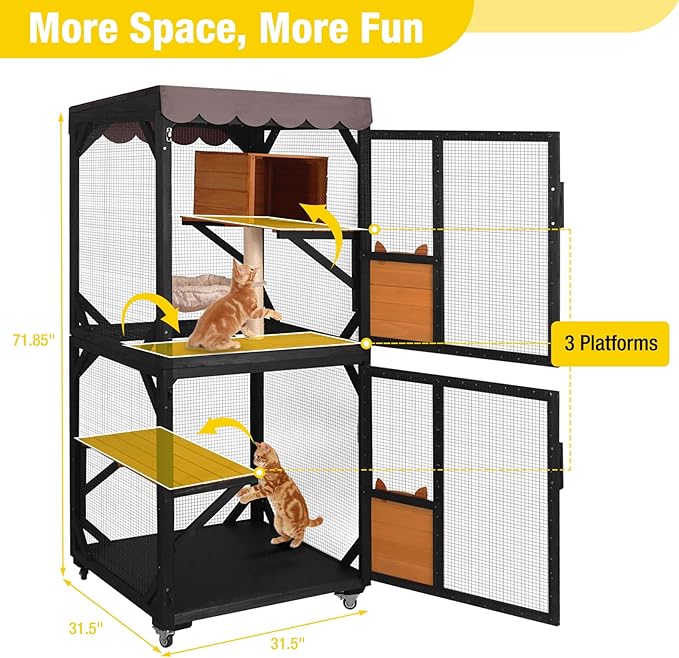Aivituvin Catio Outdoor Cat Enclosure on Wheels Indoor Kitty House with Cat Bed, Scratching Post, Jumping Platforms, Waterproof Roof