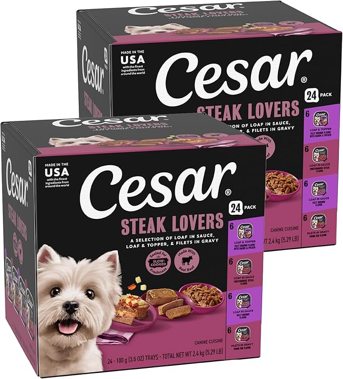 Cesar Adult Wet Dog Food Steak Lovers Variety Pack with Real Meat, 3.5 oz. Easy Peel Trays, 24 Count (Pack of 1)