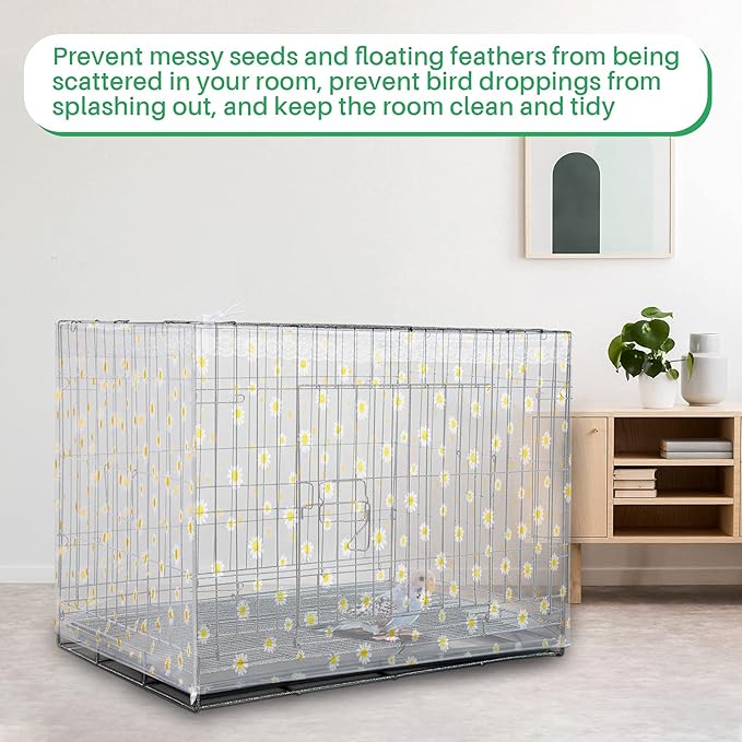 Shappy Large Bird Cage Net Cover for Seed Bird Cage Skirt Seed Catcher with Daisy Pattern Adjustable Nylon Protector for Budgie Parrot Parakeet Macaw(X-Large,White Daisy)