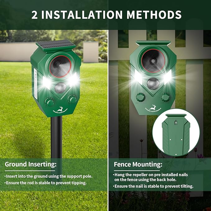 4 Pack Ultrasonic Deer Repellent Devices Outdoor, Solar Animal Repellent Outdoor for Yard Garden Rabbit Repellent Device Effective Repel Cat, Dog, Squirrel, Deer, Raccoon, Rabbit, and Skunk