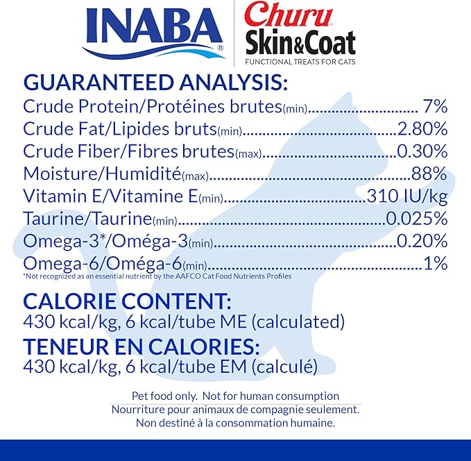 INABA Churu Lickable Purée Natural Cat Treats for Skin and Coat with Omega Oils,Taurine and Vitamin E,0.5 Ounces Each Tube, Tubes,Skin & Coat Variety,(Pack of 100)